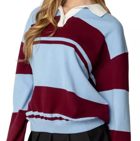 Bold striped polo collar sweater used in Sweater Weather coffee pairings with a Raspberry Vanilla Latte and This Is How You Lose the Time War.