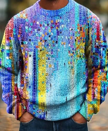 Modern color block crew neck sweater featured in Cabin Coffee’s Sweater Weather coffee pairing with a brewed medium roast and Tomorrow, and Tomorrow, and Tomorrow.